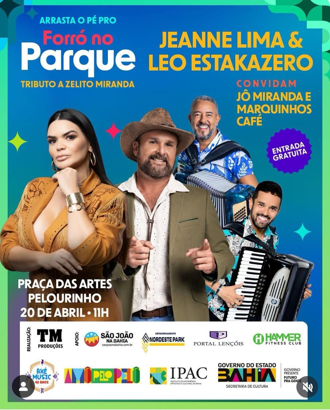 Jeanne Lima e Leo Estakazero fazem show  no Forró no Parque no domingo de Páscoa