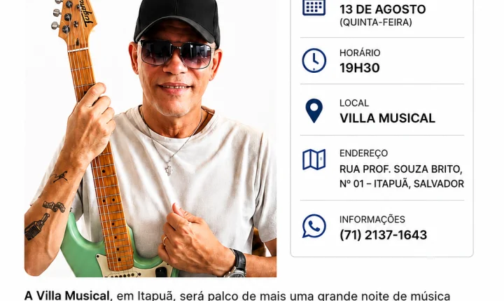 Moacir Caldas leva música ao vivo e energia baiana para a Villa Musical, em Itapuã Artista se apresenta nesta quinta-feira (13), a partir das 19h30, na Villa Musical, em Itapuã