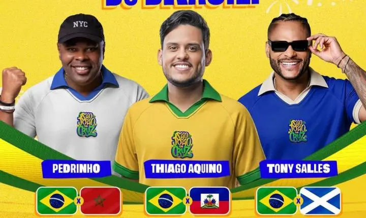 Tony Salles, Thiago Aquino e Pedrinho vão comandar a torcida do Brasil no São João de Cruz; dia 24, festa começa mais cedo no Circuito Luiz Gonzaga